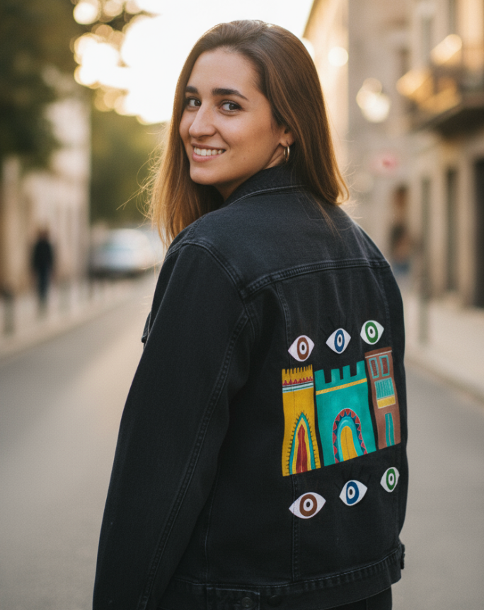 HOUSES by HEND SHEHATA, digitally printed on DENIM products: throw pillows, aprons, table place mats, and hand-made Unisex Denim Jackets in 3 color choices