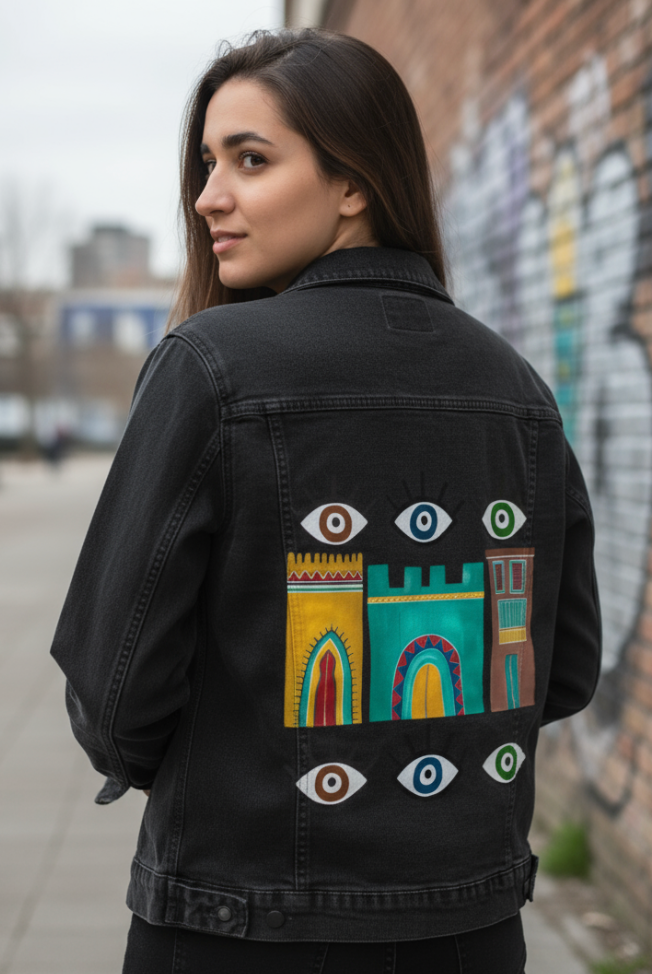 HOUSES by HEND SHEHATA, digitally printed on DENIM products: throw pillows, aprons, table place mats, and hand-made Unisex Denim Jackets in 3 color choices