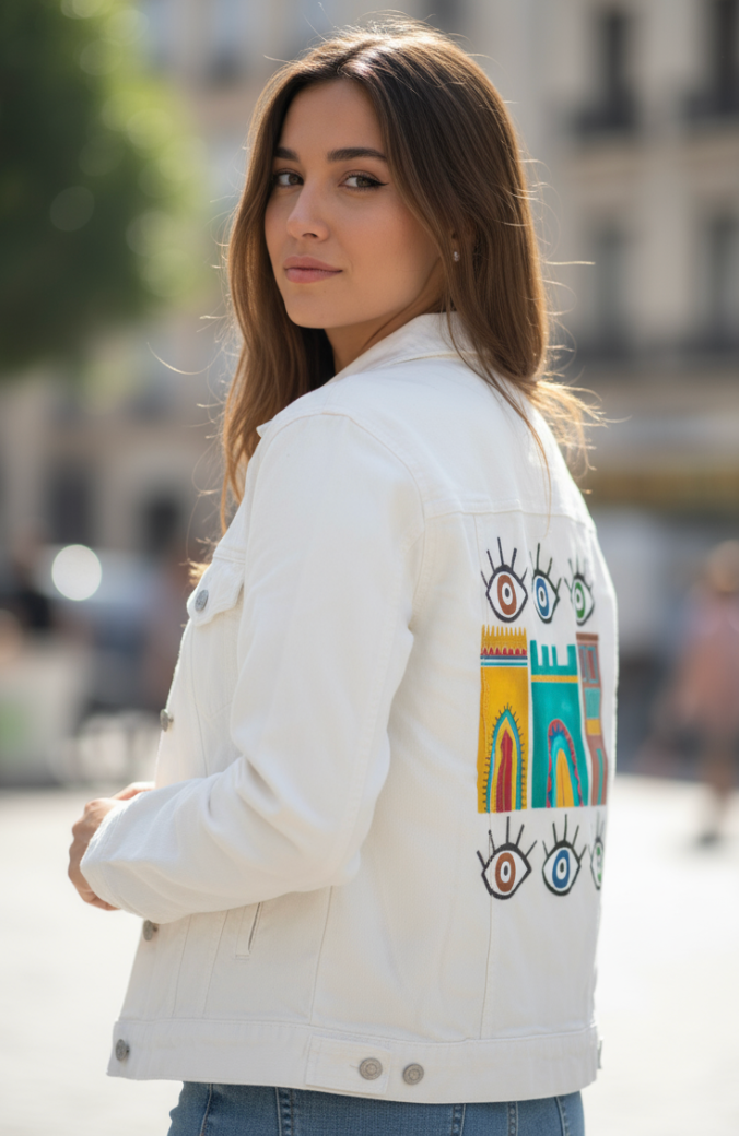 HOUSES by HEND SHEHATA, digitally printed on DENIM products: throw pillows, aprons, table place mats, and hand-made Unisex Denim Jackets in 3 color choices