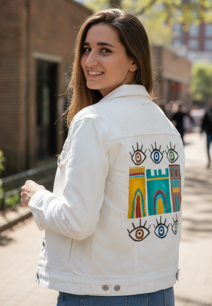 HOUSES by HEND SHEHATA, digitally printed on a hand-made Unisex Denim Jacket