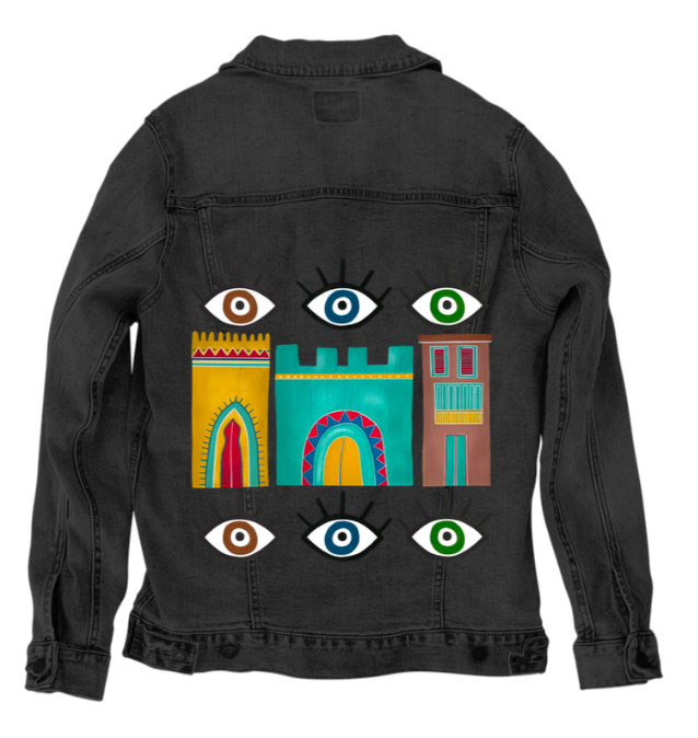 HOUSES by HEND SHEHATA, digitally printed on DENIM products: throw pillows, aprons, table place mats, and hand-made Unisex Denim Jackets in 3 color choices