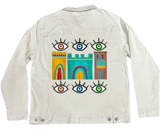 HOUSES by HEND SHEHATA, digitally printed on DENIM products: throw pillows, aprons, table place mats, and hand-made Unisex Denim Jackets in 3 color choices