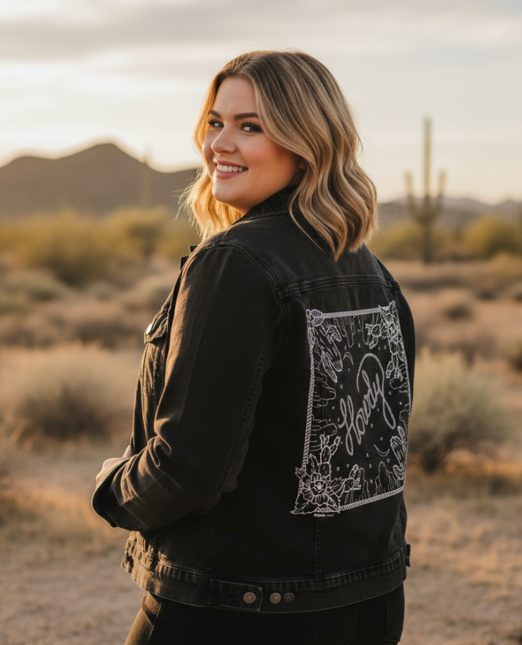 HOWDY SQUARE by KITSCH AND CURATE, digitally printed on DENIM products: throw pillows, aprons, table place mats, and hand-made Unisex Denim Jackets in 3 color choices