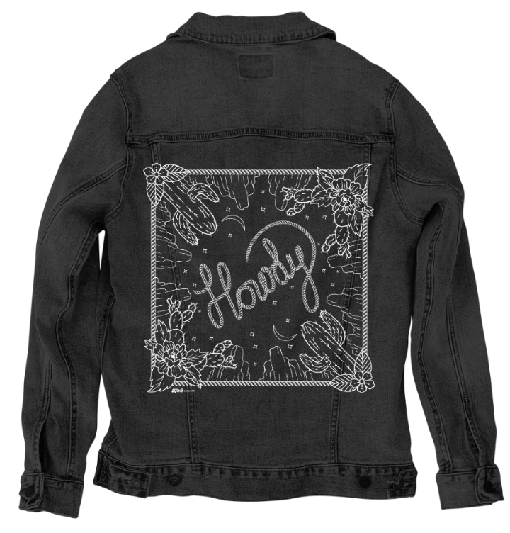 HOWDY SQUARE by KITSCH AND CURATE, digitally printed on DENIM products: throw pillows, aprons, table place mats, and hand-made Unisex Denim Jackets in 3 color choices