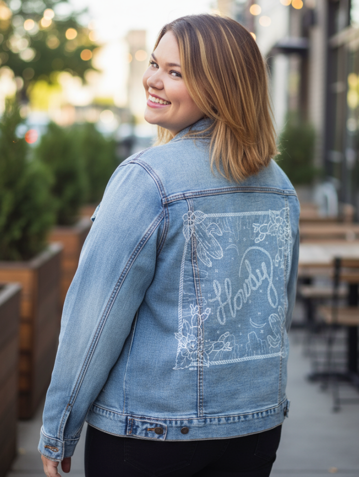 HOWDY SQUARE by KITSCH AND CURATE, digitally printed on DENIM products: throw pillows, aprons, table place mats, and hand-made Unisex Denim Jackets in 3 color choices