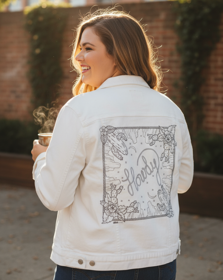 HOWDY SQUARE by KITSCH AND CURATE, digitally printed on DENIM products: throw pillows, aprons, table place mats, and hand-made Unisex Denim Jackets in 3 color choices