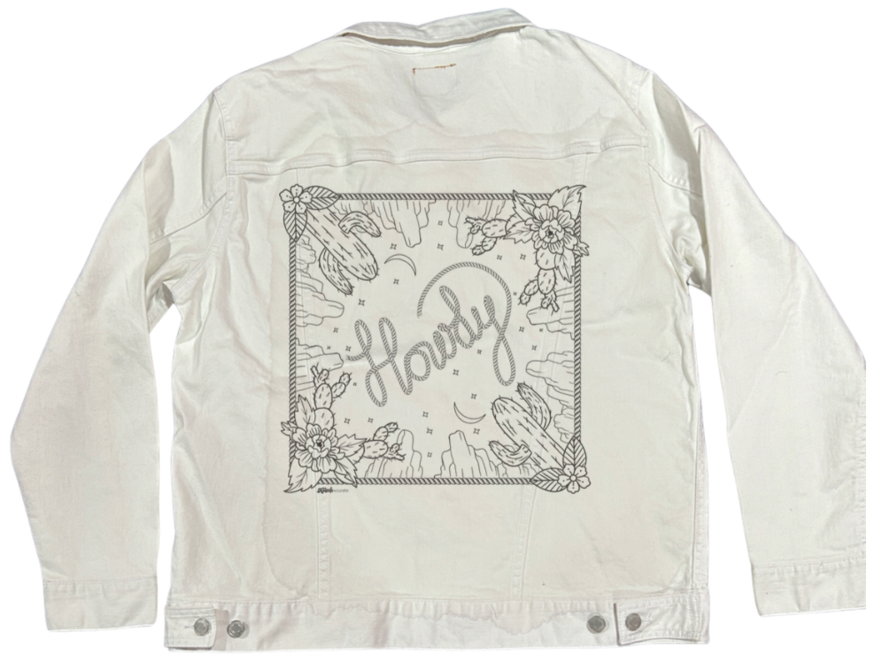 HOWDY SQUARE by KITSCH AND CURATE, digitally printed on DENIM products: throw pillows, aprons, table place mats, and hand-made Unisex Denim Jackets in 3 color choices