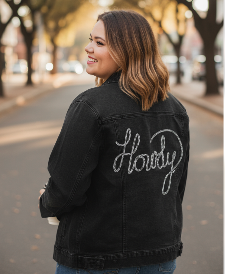 HOWDY TEXT by KITSCH AND CURATE, digitally printed on a hand-made Unisex Denim Jacket
