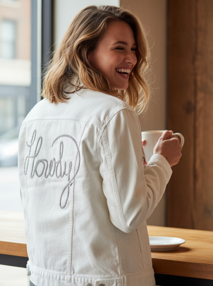 HOWDY TEXT by KITSCH AND CURATE, digitally printed on DENIM products: throw pillows, aprons, table place mats, and hand-made Unisex Denim Jackets in 3 color choices