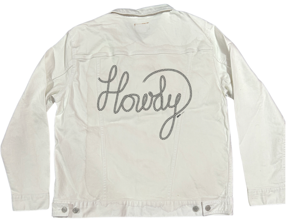 HOWDY TEXT by KITSCH AND CURATE, digitally printed on DENIM products: throw pillows, aprons, table place mats, and hand-made Unisex Denim Jackets in 3 color choices