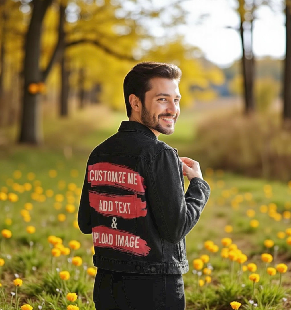 Customize & Design your own Denim Jacket (hand-made) with 3 color choices of jacket: Stonewash, White, or Black. Unisex XS S M L XL 2X 3X. USA hand-crafted and USA digitally printed. Ships free within the USA & also ships Internationally.