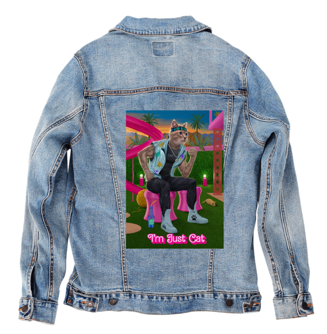 I'M JUST CAT by VINCENT HIE, digitally printed on DENIM products: throw pillows, aprons, table place mats, and hand-made Unisex Denim Jackets in 3 color choices