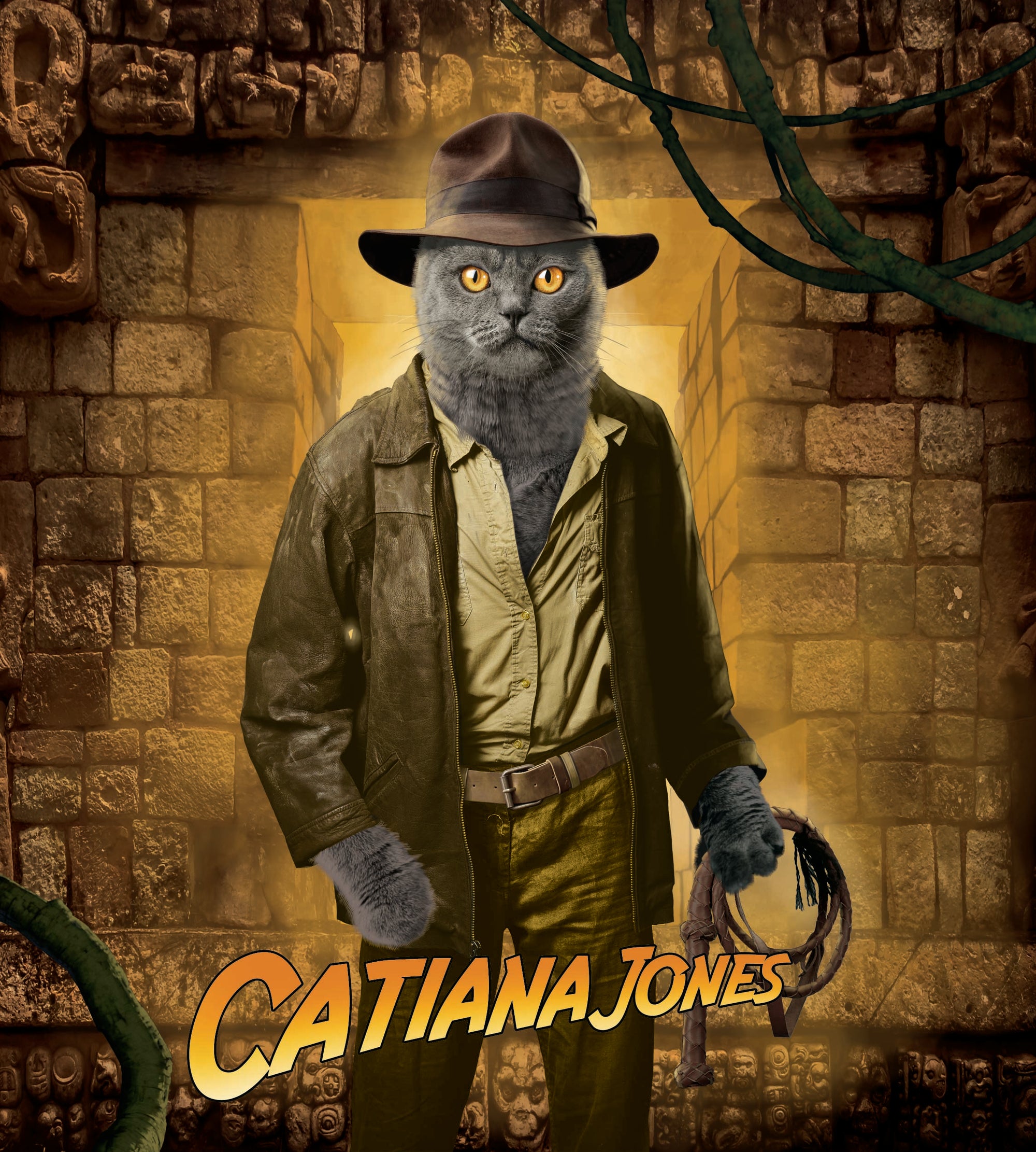 INDIANA JONES CAT by VINCENT HIE, digitally printed on DENIM products: throw pillows, aprons, table place mats, and hand-made Unisex Denim Jackets in 3 color choices