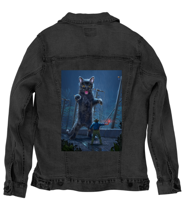 JURASSIC KITTY by VINCENT HIE, digitally printed on DENIM products: throw pillows, aprons, table place mats, and hand-made Unisex Denim Jackets in 3 color choices