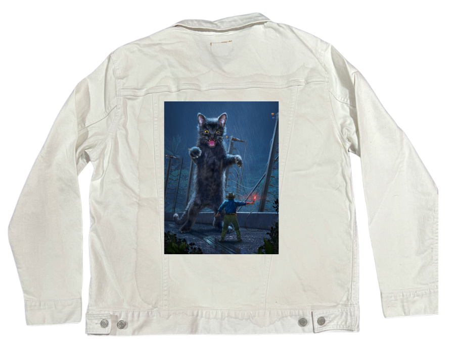 JURASSIC KITTY by VINCENT HIE, digitally printed on DENIM products: throw pillows, aprons, table place mats, and hand-made Unisex Denim Jackets in 3 color choices
