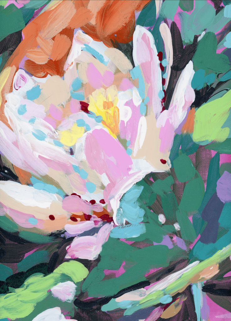 illustration of A close-up flower painted with expressive, layered brushstrokes, featuring soft white and pale pink petals surrounding a warm yellow center. the petals overlap densely, with visible strokes of blush, cream, aqua, and light blue. Small red dot accents appear near the base of the petals, while deep green and teal leaves fill the surrounding space. the background is richly textured with layered greens, purples, and muted browns. This artwork is titled “July Birth Flower” and created by Paige Fl