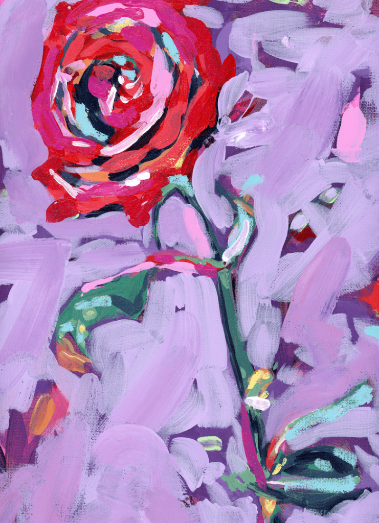 illustration of A close-up red rose painted with expressive, layered brushstrokes, featuring tightly coiled crimson and magenta petals with dark navy and black accents at the center. The flower rises on a slender green stem with small leaves, set against a textured background of lavender, lilac, and soft pink paint. thick strokes and visible texture fill the composition. This artwork is titled “June Birth Flower” and created by Paige Flotterud