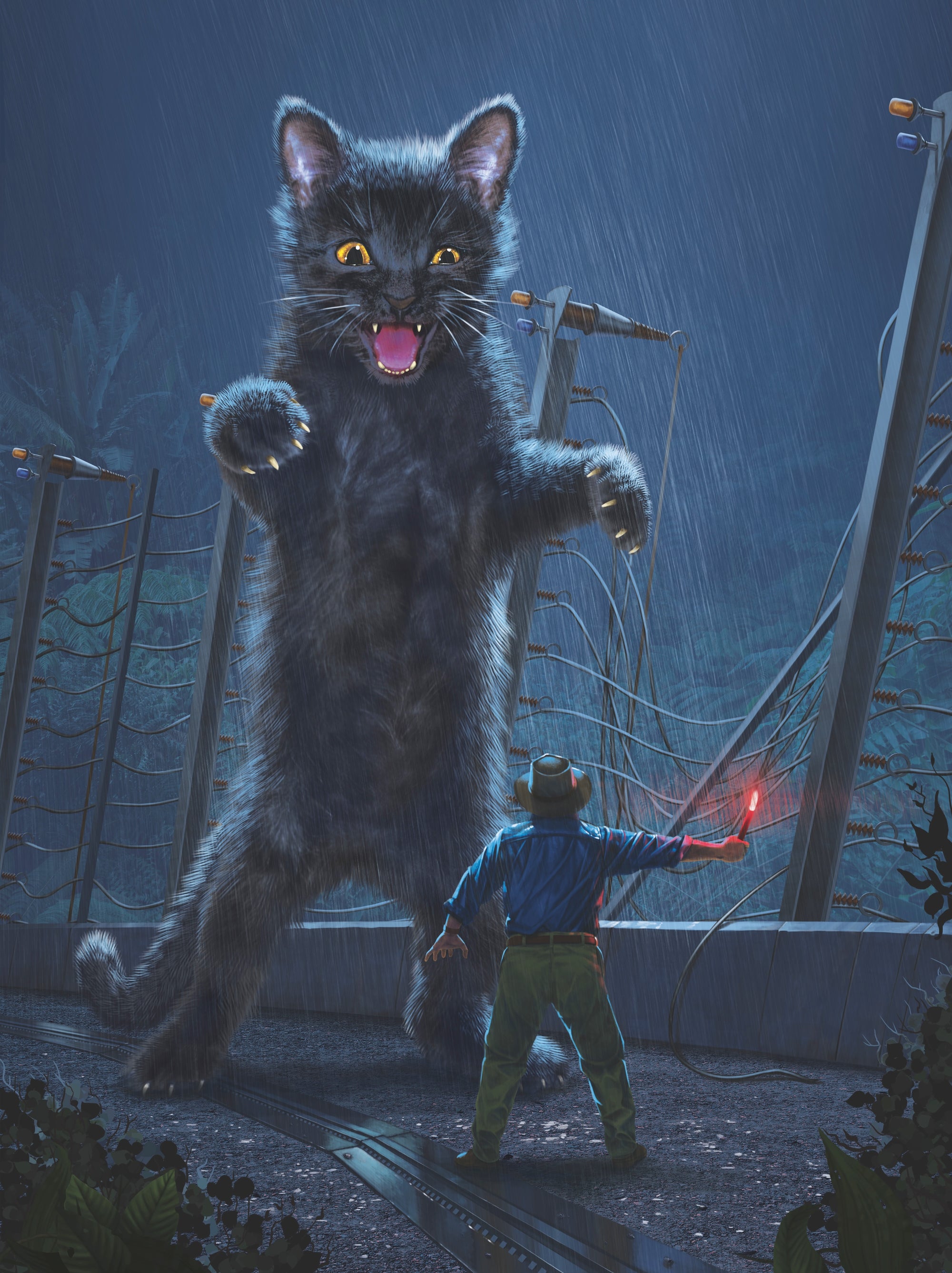 JURASSIC KITTY by VINCENT HIE, digitally printed on DENIM products: throw pillows, aprons, table place mats, and hand-made Unisex Denim Jackets in 3 color choices