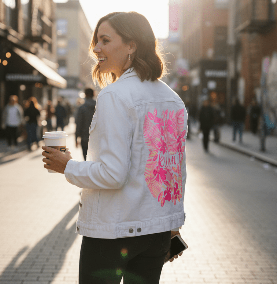 Printed Denim Jacket KILLIN' IT by CatCoq, digitally printed on DENIM products: throw pillows, aprons, table place mats, and hand-made Unisex Denim Jackets in 3 color choices KILLIN' IT by CatCoq, digitally printed on DENIM products: throw pillows, aprons, table place mats, and hand-made Unisex Denim Jackets in 3 color choices