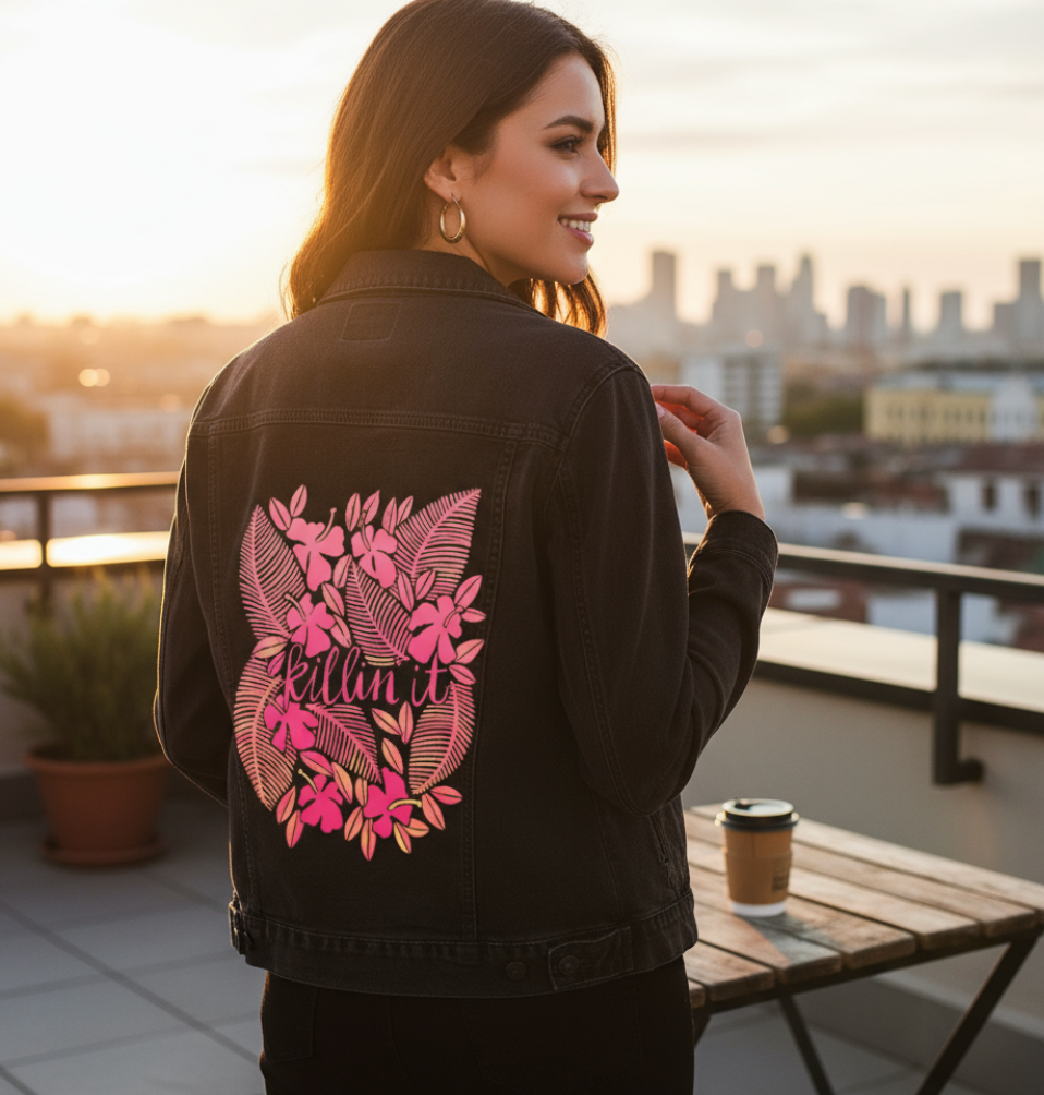 KILLIN' IT by CatCoq, digitally printed on DENIM products: throw pillows, aprons, table place mats, and hand-made Unisex Denim Jackets in 3 color choices