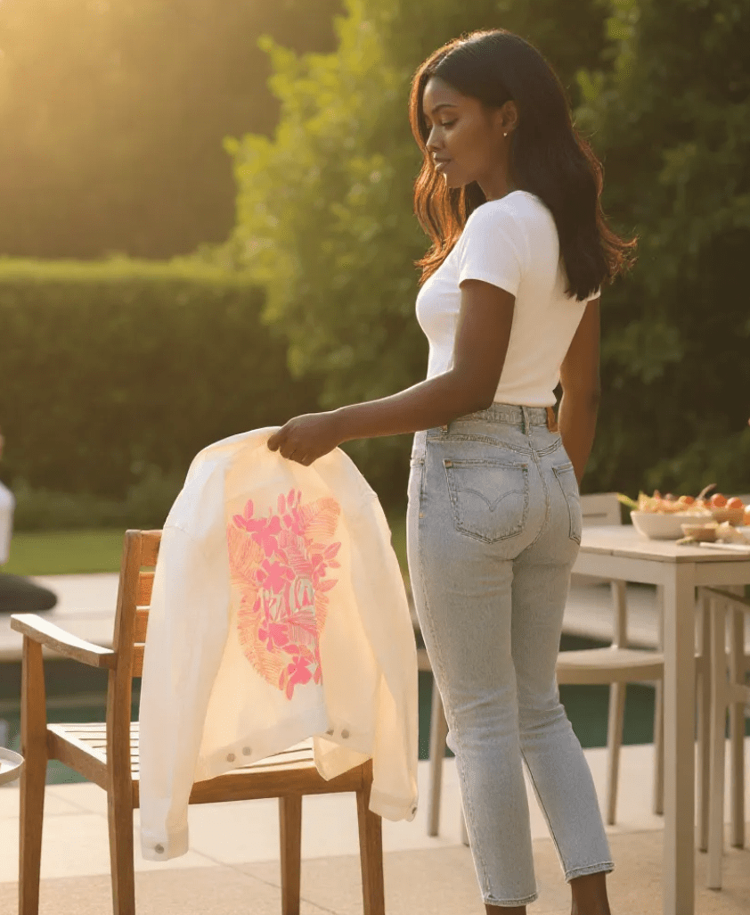 Printed Denim Jacket KILLIN' IT by CatCoq, digitally printed on DENIM products: throw pillows, aprons, table place mats, and hand-made Unisex Denim Jackets in 3 color choices KILLIN' IT by CatCoq, digitally printed on DENIM products: throw pillows, aprons, table place mats, and hand-made Unisex Denim Jackets in 3 color choices