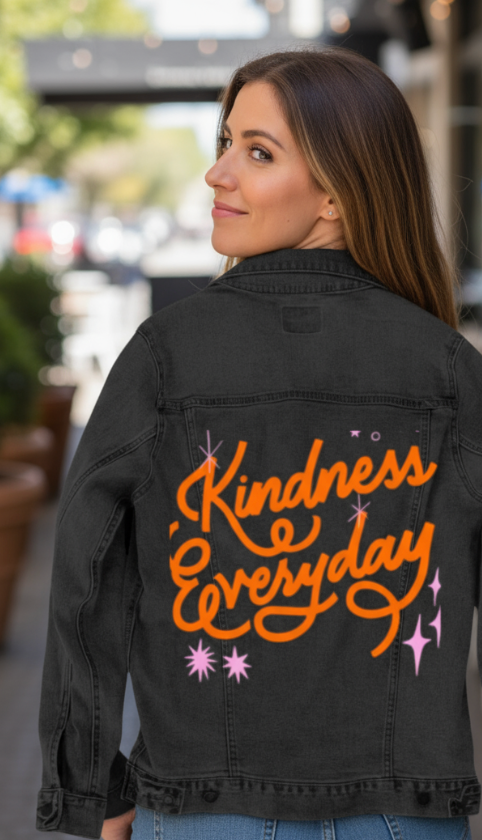 KINDNESS EVERYDAY by IndySign, digitally printed on DENIM products: throw pillows, aprons, table place mats, and hand-made Unisex Denim Jackets in 3 color choices