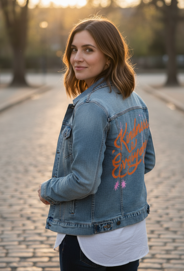 KINDNESS EVERYDAY by IndySign, digitally printed on DENIM products: throw pillows, aprons, table place mats, and hand-made Unisex Denim Jackets in 3 color choices