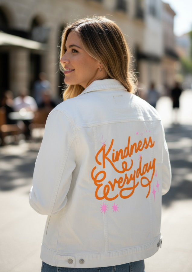 KINDNESS EVERYDAY by IndySign, digitally printed on DENIM products: throw pillows, aprons, table place mats, and hand-made Unisex Denim Jackets in 3 color choices