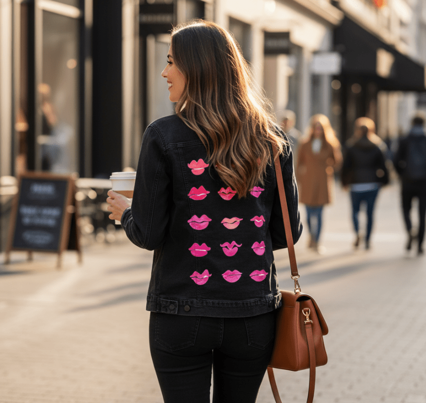 Printed Denim Jacket KISS COLLECTION by CatCoq, digitally printed on DENIM products: throw pillows, aprons, table place mats, and hand-made Unisex Denim Jackets in 3 color choices KISS COLLECTION by CatCoq, digitally printed on DENIM products: throw pillows, aprons, table place mats, and hand-made Unisex Denim Jackets in 3 color choices