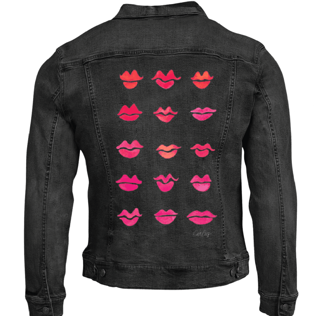 Black denim jacket with pink and red lip prints. Kiss-Collection-by-CatCoq-denim-jacket-black-mockup