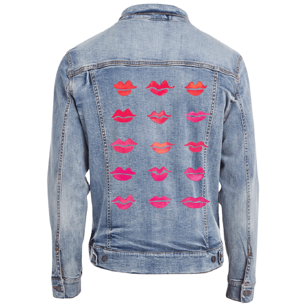 stonewashed Denim jacket with lip pattern. Kiss-Collection-by-CatCoq-denim-jacket-stonewash-mockup