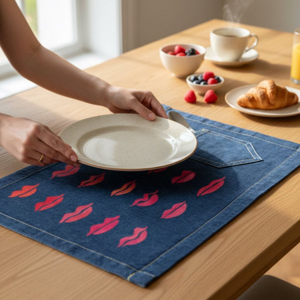 Person setting a table with a blue placemat featuring pink lip prints, surrounded by breakfast items. Kiss-Collection-by-CatCoq-denim-table-placemat-lifestyle-shot
