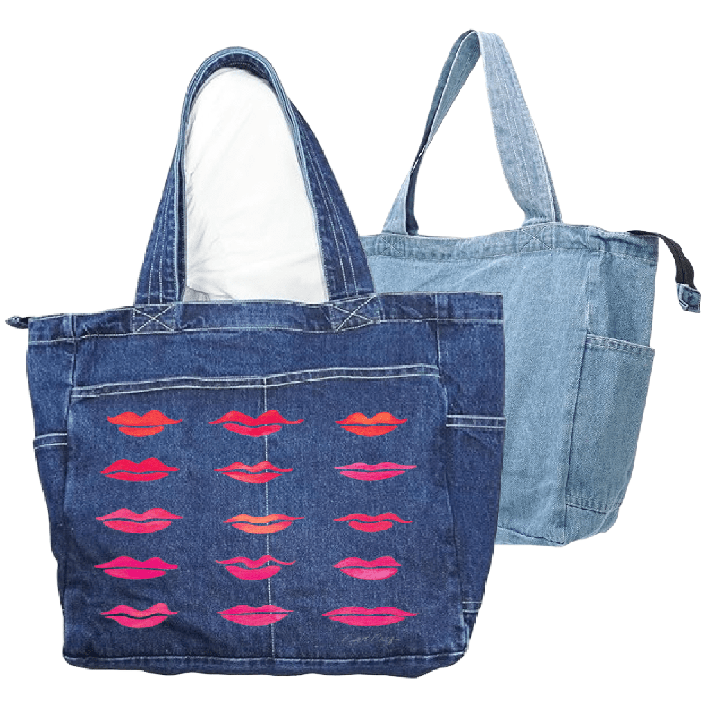 Denim tote bag with pink lips pattern on a white background. Kiss-Collection-by-CatCoq-tote_bag-WIDE-mockup