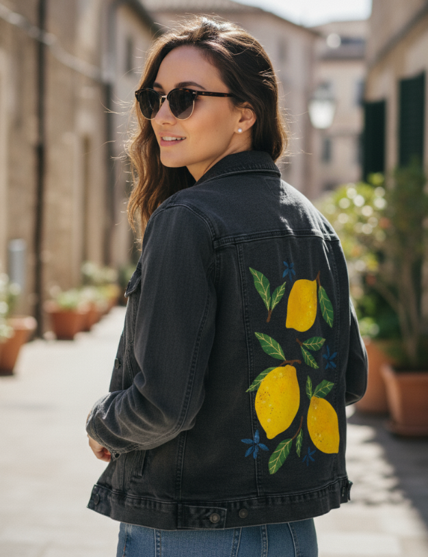 LEMONS by thearticsoul, digitally printed on DENIM products: throw pillows, aprons, table place mats, and hand-made Unisex Denim Jackets in 3 color choices