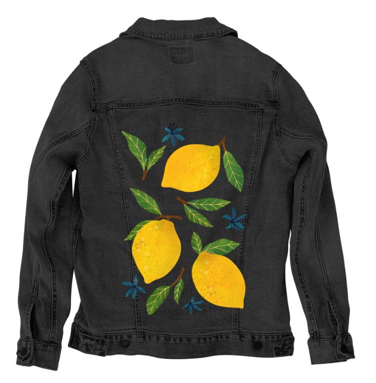 LEMONS by thearticsoul, digitally printed on DENIM products: throw pillows, aprons, table place mats, and hand-made Unisex Denim Jackets in 3 color choices
