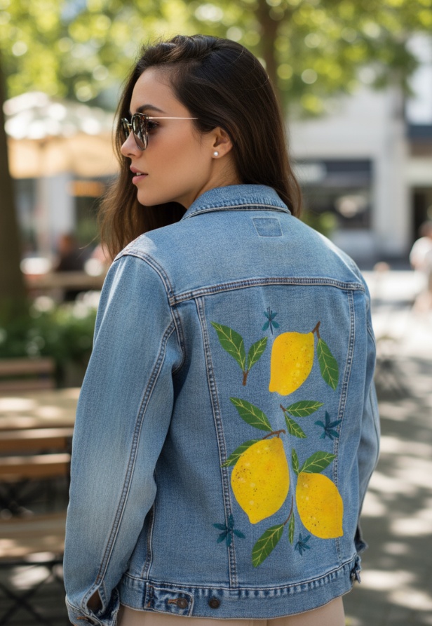 LEMONS by thearticsoul, digitally printed on DENIM products: throw pillows, aprons, table place mats, and hand-made Unisex Denim Jackets in 3 color choices