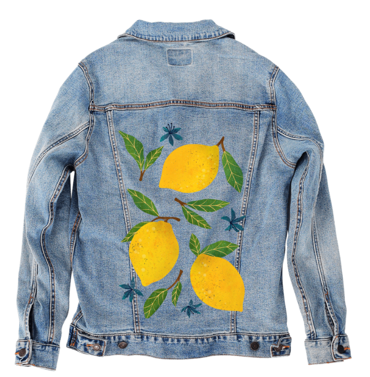 LEMONS by thearticsoul, digitally printed on DENIM products: throw pillows, aprons, table place mats, and hand-made Unisex Denim Jackets in 3 color choices