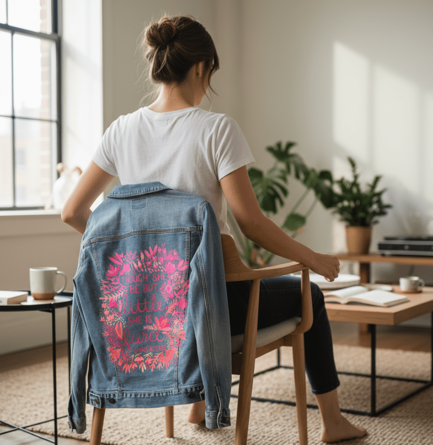 Printed Denim Jacket LITTLE & FIERCE by CatCoq, digitally printed on DENIM products: throw pillows, aprons, table place mats, and hand-made Unisex Denim Jackets in 3 color choices LITTLE & FIERCE by CatCoq, digitally printed on DENIM products: throw pillows, aprons, table place mats, and hand-made Unisex Denim Jackets in 3 color choices