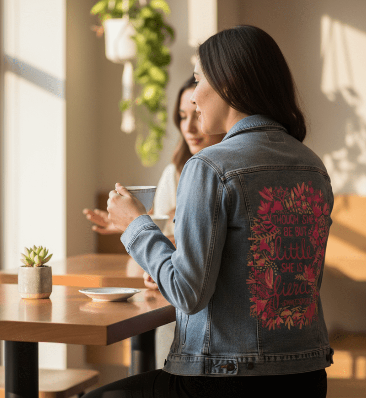 Printed Denim Jacket LITTLE & FIERCE by CatCoq, digitally printed on DENIM products: throw pillows, aprons, table place mats, and hand-made Unisex Denim Jackets in 3 color choices LITTLE & FIERCE by CatCoq, digitally printed on DENIM products: throw pillows, aprons, table place mats, and hand-made Unisex Denim Jackets in 3 color choices