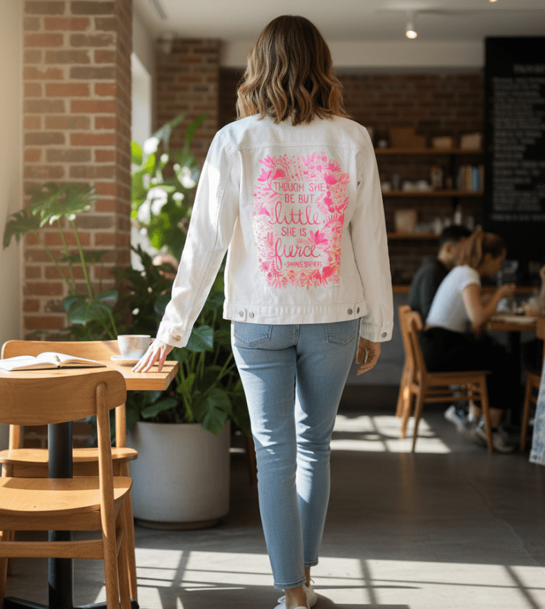 Printed Denim Jacket LITTLE & FIERCE by CatCoq, digitally printed on DENIM products: throw pillows, aprons, table place mats, and hand-made Unisex Denim Jackets in 3 color choices LITTLE & FIERCE by CatCoq, digitally printed on DENIM products: throw pillows, aprons, table place mats, and hand-made Unisex Denim Jackets in 3 color choices