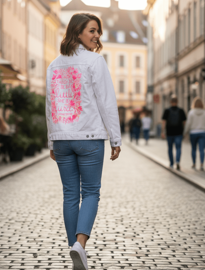 Printed Denim Jacket LITTLE & FIERCE by CatCoq, digitally printed on DENIM products: throw pillows, aprons, table place mats, and hand-made Unisex Denim Jackets in 3 color choices LITTLE & FIERCE by CatCoq, digitally printed on DENIM products: throw pillows, aprons, table place mats, and hand-made Unisex Denim Jackets in 3 color choices