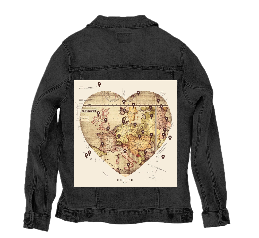 LOVE BY TRAVEL by TOBE FONSECA, digitally printed on DENIM products: throw pillows, aprons, table place mats, and hand-made Unisex Denim Jackets in 3 color choices