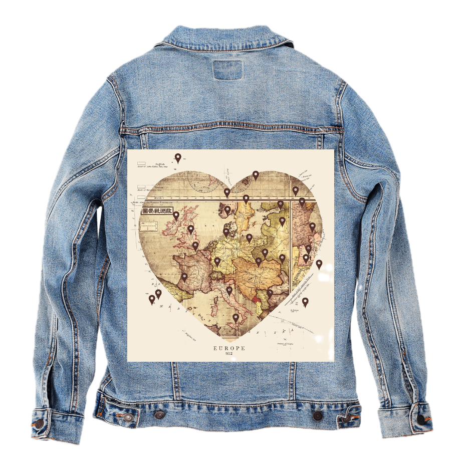LOVE BY TRAVEL by TOBE FONSECA, digitally printed on DENIM products: throw pillows, aprons, table place mats, and hand-made Unisex Denim Jackets in 3 color choices