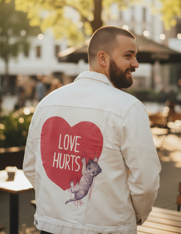 LOVE HURTS by TOBE FONSECA, digitally printed on DENIM products: throw pillows, aprons, table place mats, and hand-made Unisex Denim Jackets in 3 color choices