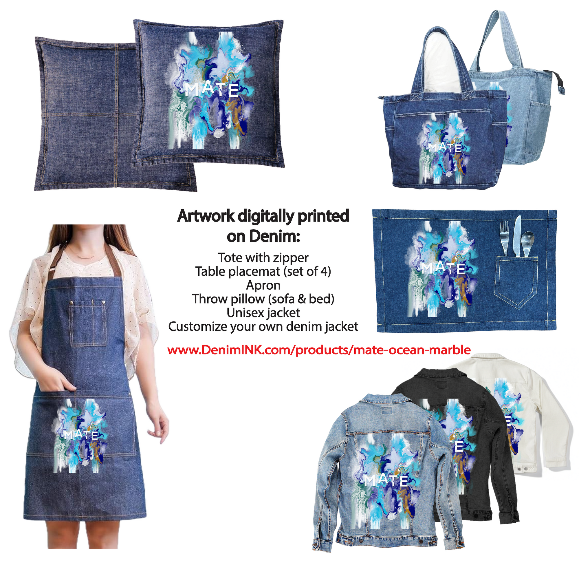 MATE OCEAN MARBLE by RAMIR DESIGNS, digitally printed on DENIM products: throw pillows, aprons, table place mats, and hand-made Unisex Denim Jackets in 3 color choices