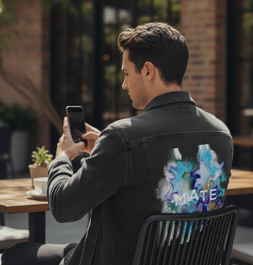 MATE OCEAN MARBLE by RAMIR DESIGNS, digitally printed on DENIM products: throw pillows, aprons, table place mats, and hand-made Unisex Denim Jackets in 3 color choices