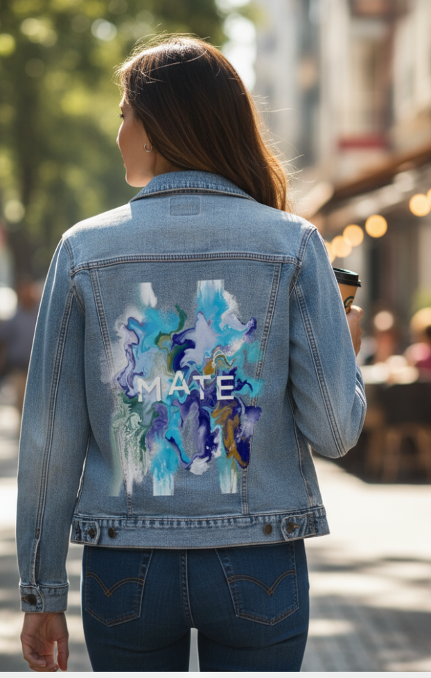 MATE OCEAN MARBLE by RAMIR DESIGNS, digitally printed on DENIM products: throw pillows, aprons, table place mats, and hand-made Unisex Denim Jackets in 3 color choices
