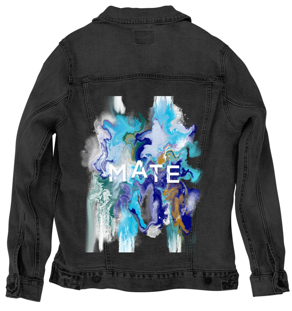 MATE OCEAN MARBLE by RAMIR DESIGNS, digitally printed on DENIM products: throw pillows, aprons, table place mats, and hand-made Unisex Denim Jackets in 3 color choices