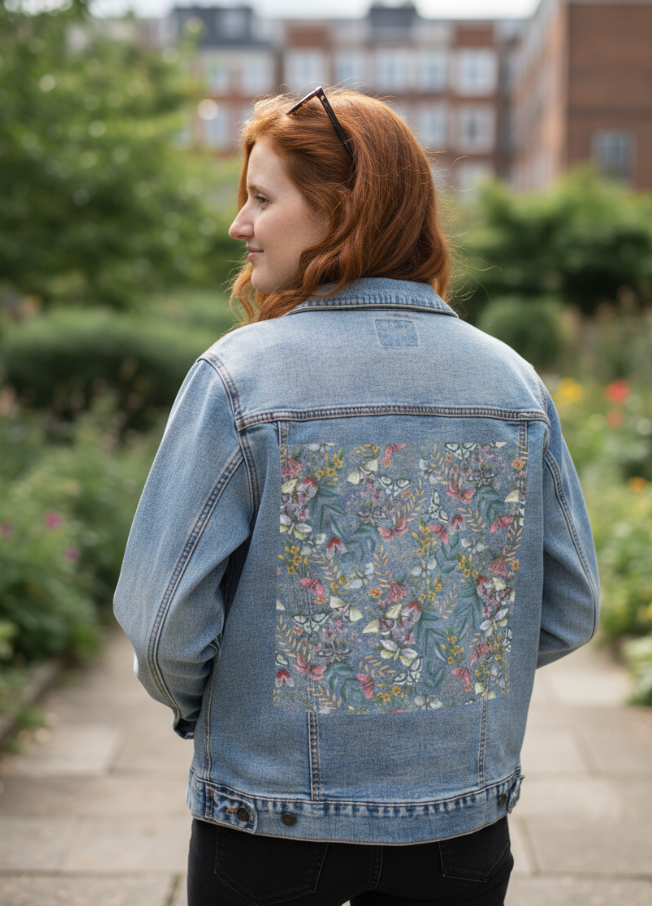 MIDNIGHT GARDEN by CECILIA BATTAINI, digitally printed on DENIM products: throw pillows, aprons, table place mats, and hand-made Unisex Denim Jackets in 3 color choices