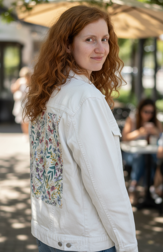 MIDNIGHT GARDEN by CECILIA BATTAINI, digitally printed on DENIM products: throw pillows, aprons, table place mats, and hand-made Unisex Denim Jackets in 3 color choices